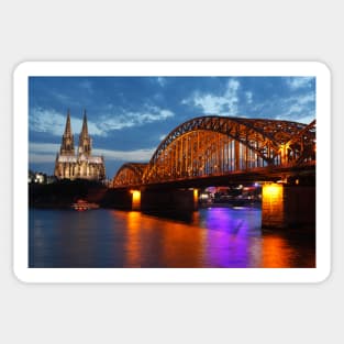 Cologne Cathedral, Dom, Hohenzollern Bridge, dusk, Cologne, Germany Sticker